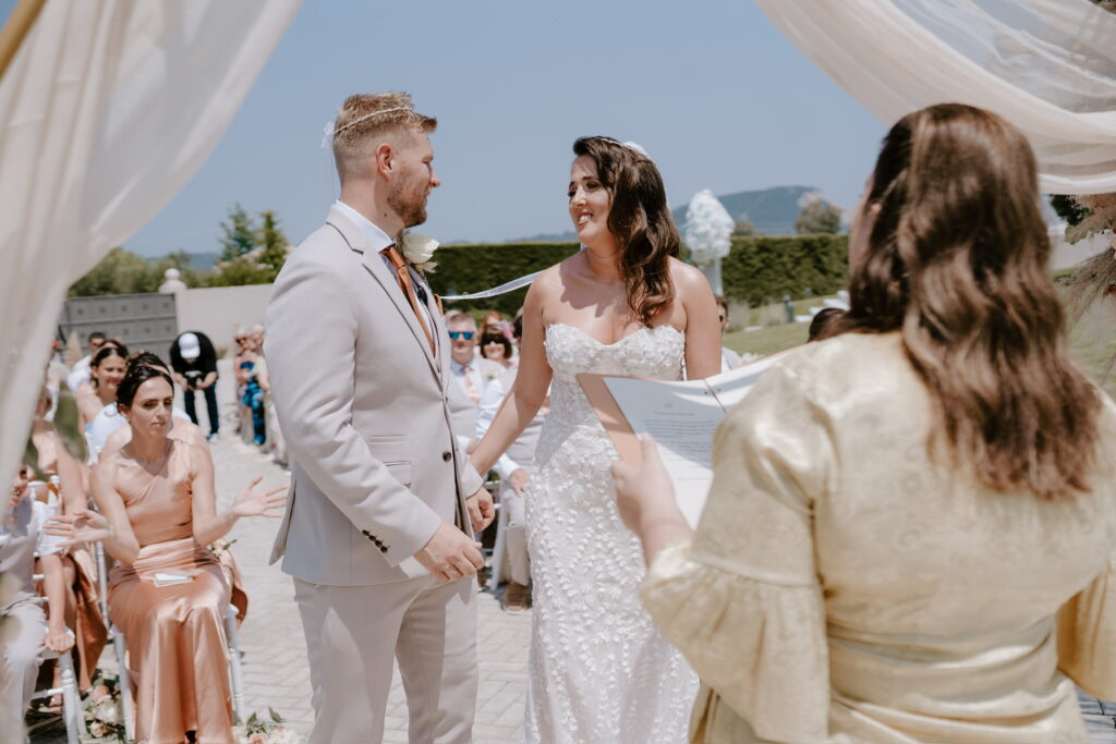 Wedding celebrant in Greece leading a wedding ceremony