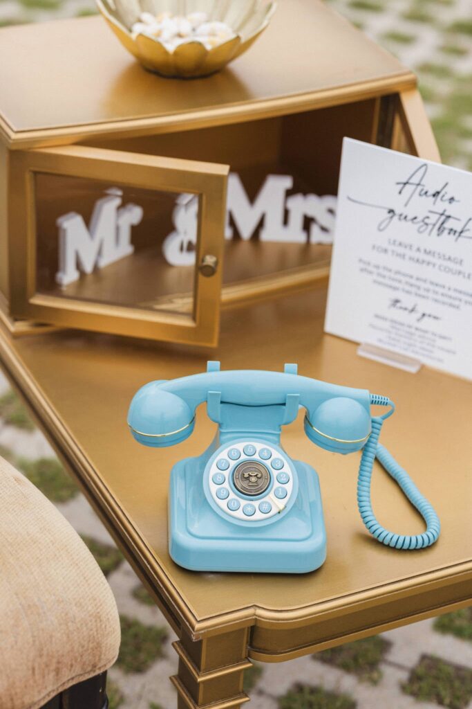blue telephone at a wedding villa in greece
