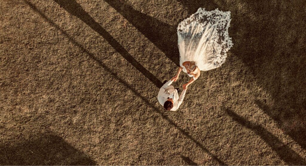 Bride and groom taken from above